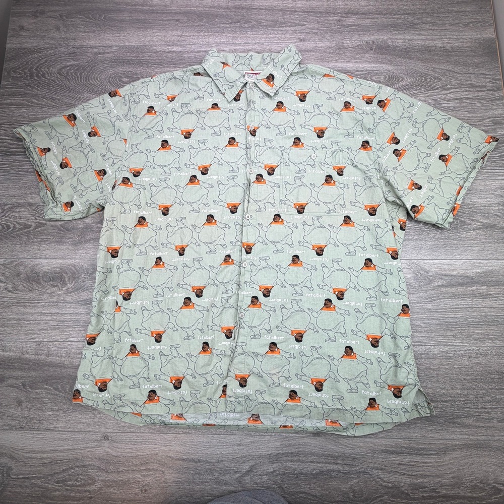 Vintage Platinum FUBU Fat Albert Shirt Mens 3XL Green AOP Button Up Hip Hop Y2K